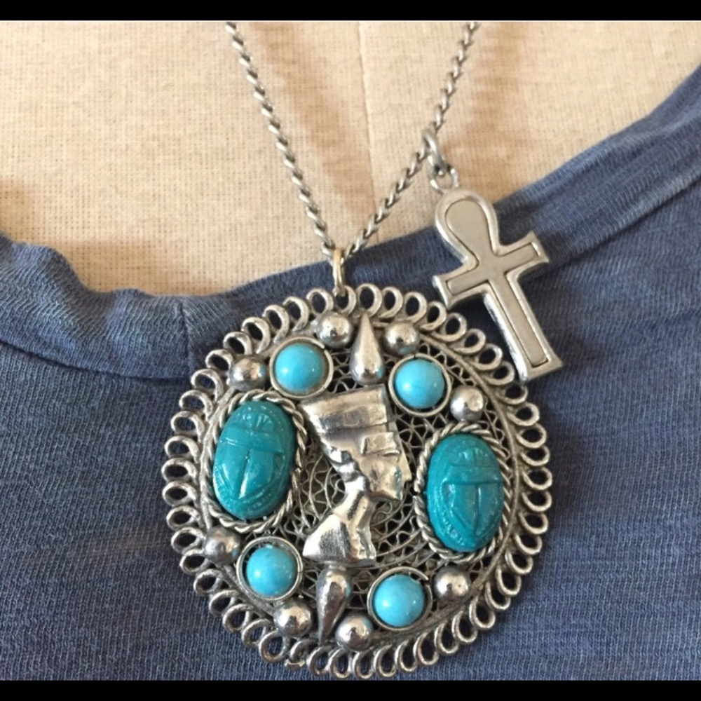 Vintage Nefertiti Scarab Necklace Egyptian Revival